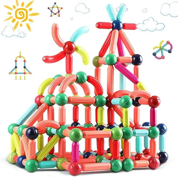 Kids building 2D and 3D shapes with magnetic sticks and balls.