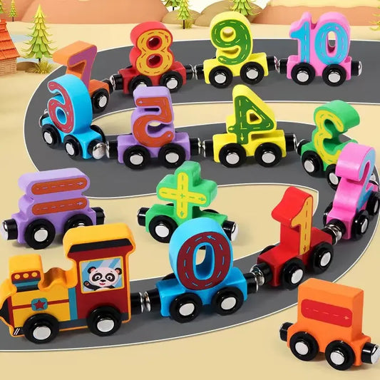 Montessori magnetic wooden train set for kids colour and number learning.
