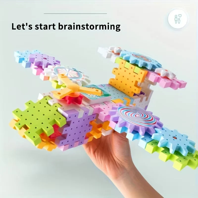 Motorized gear building toy set to teach mechanical movement and creative play.