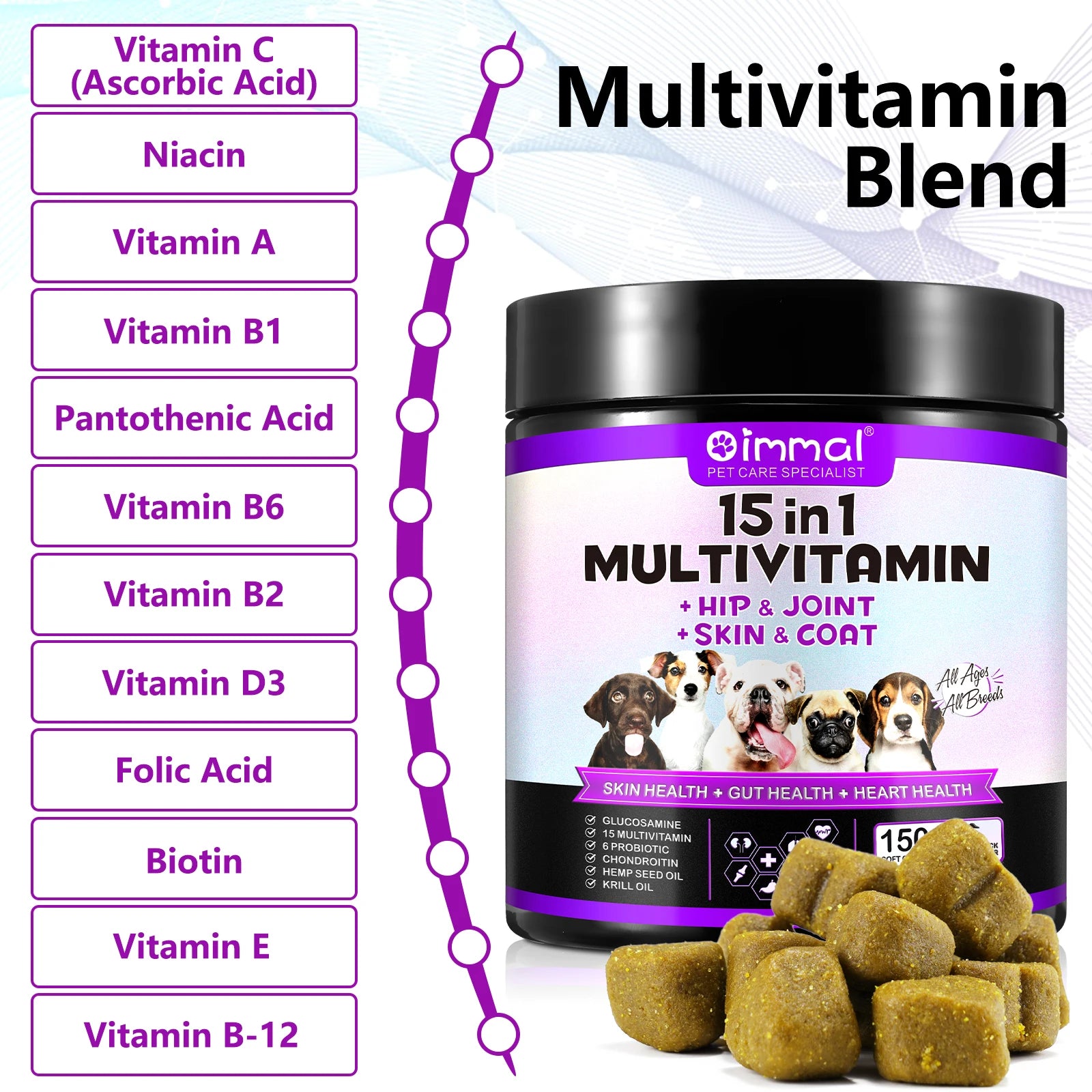 Multivitamin chews for dogs of all breeds and life stages providing comprehensive health support