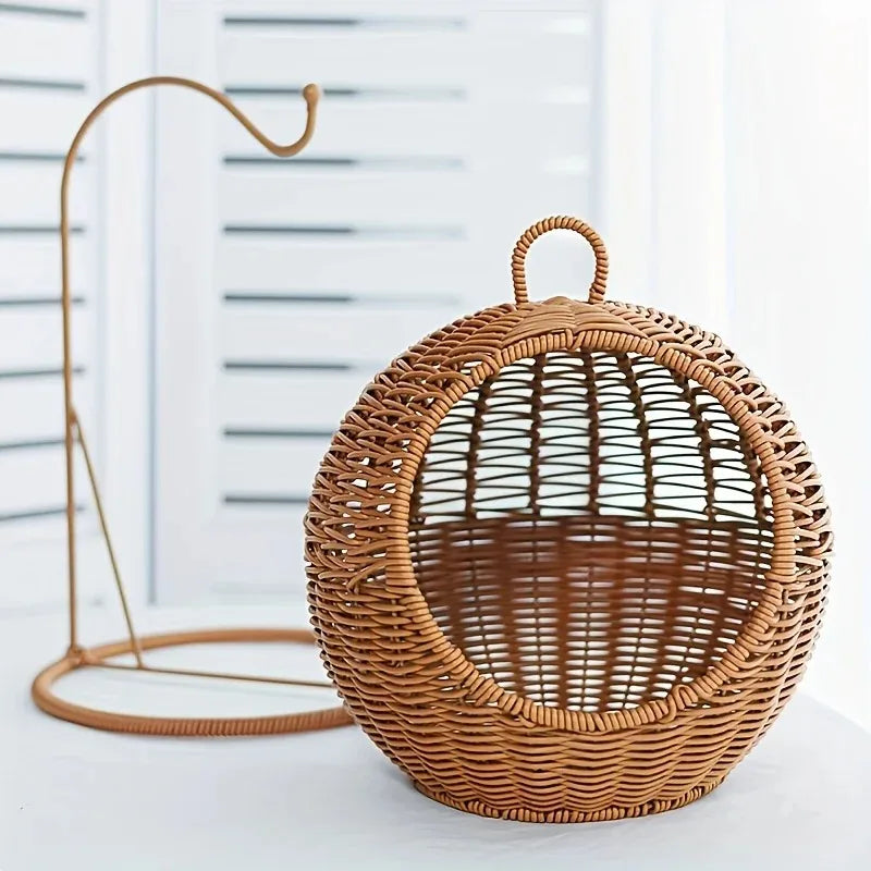 Dual-purpose pet basket bed for storage and comfortable resting.