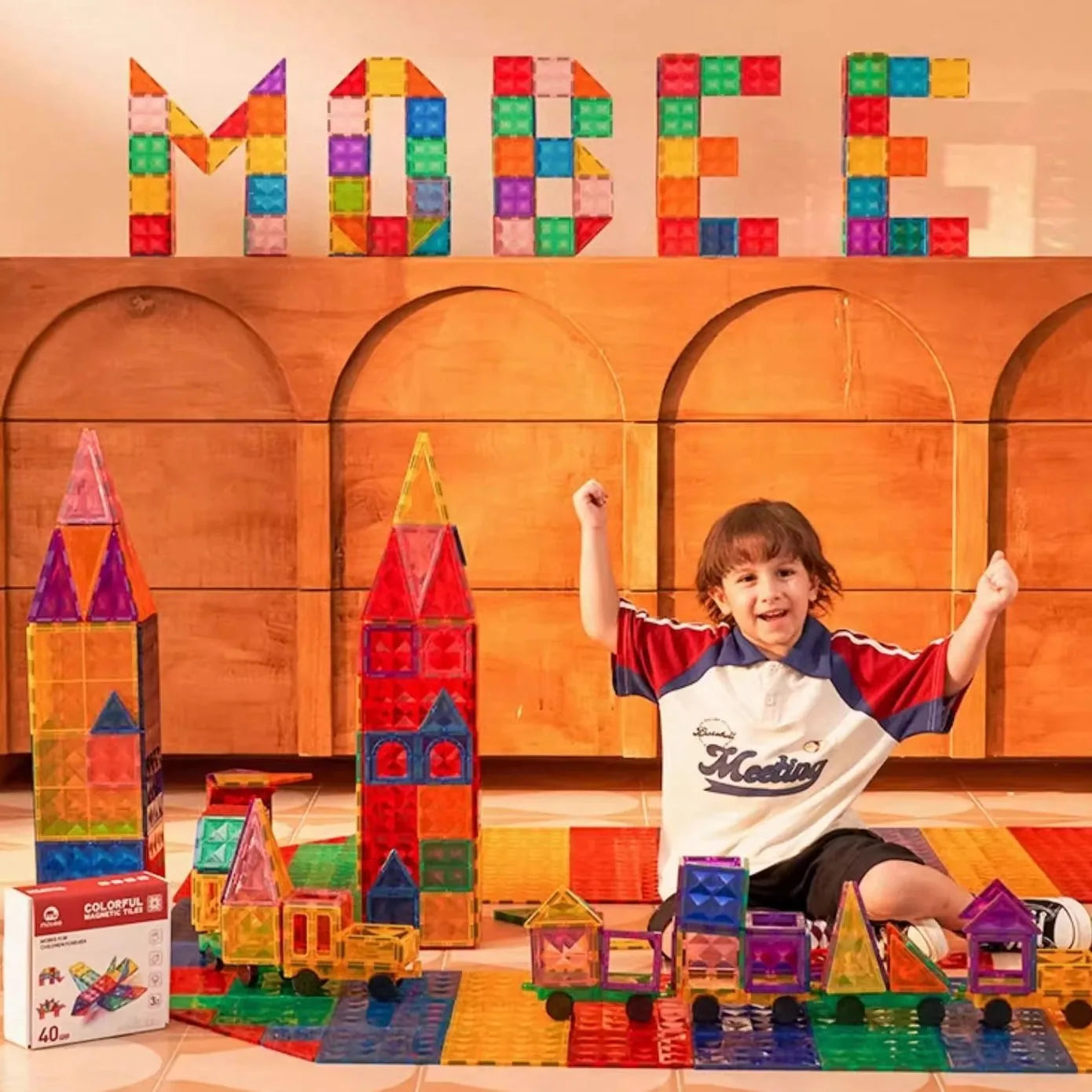 Kids stacking 3D picasso magnetic tiles