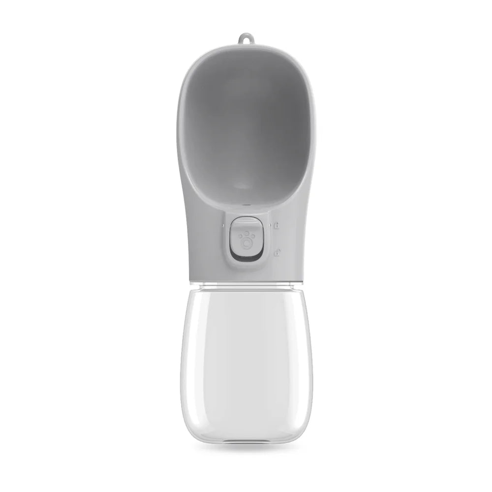 Portable dog water bottle with return-flow button preventing water waste