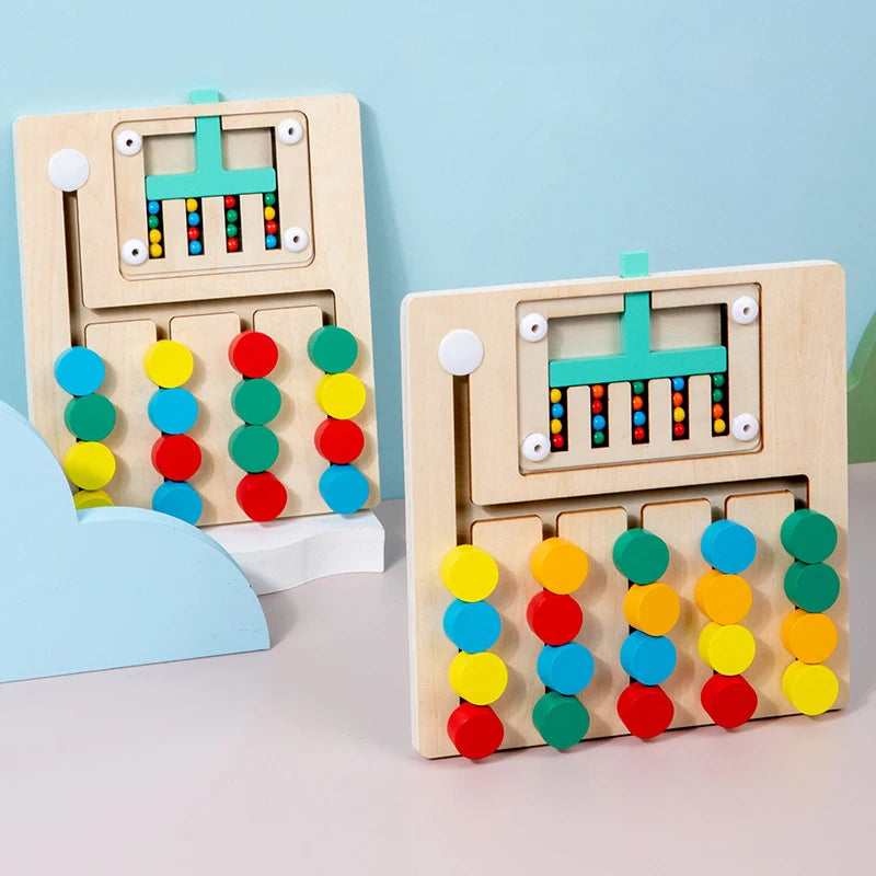 Close-up of color bead puzzle being used by a preschooler to improve focus and attention