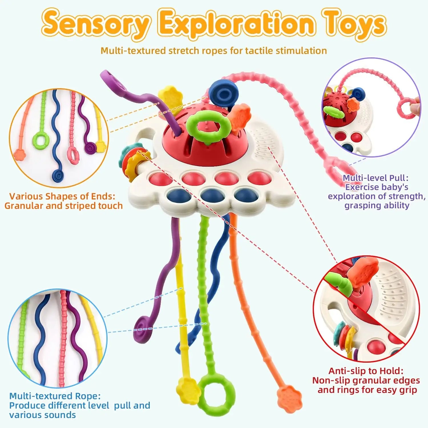 Safe chewable baby teething toy for sensory play and coordination.