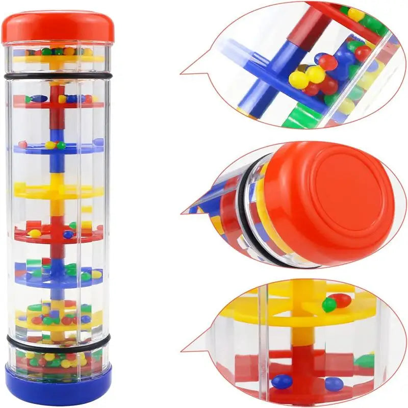 Close-up of hands shaking rain stick rattle toy during sensory play