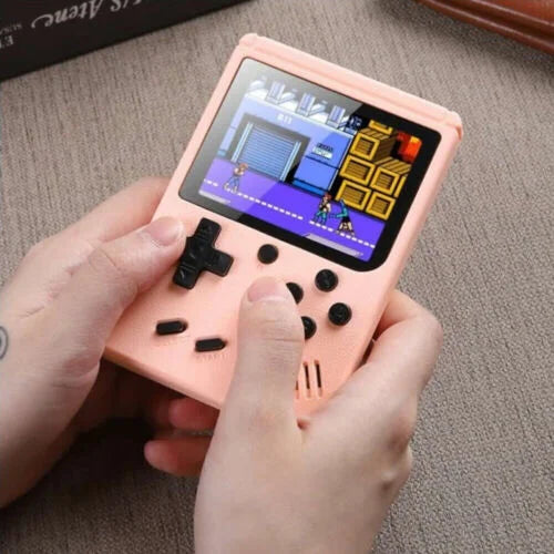 Child holding a pocket-sized retro gaming console with 500 built-in games.