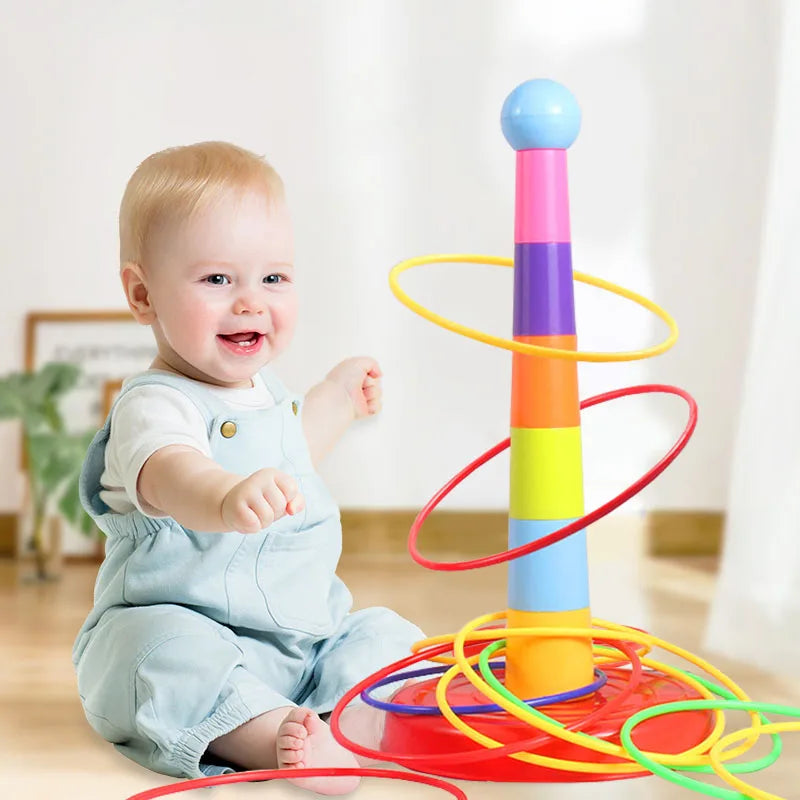 Child playing with colourful Throwing Ferrule Stacking Toy outdoors.