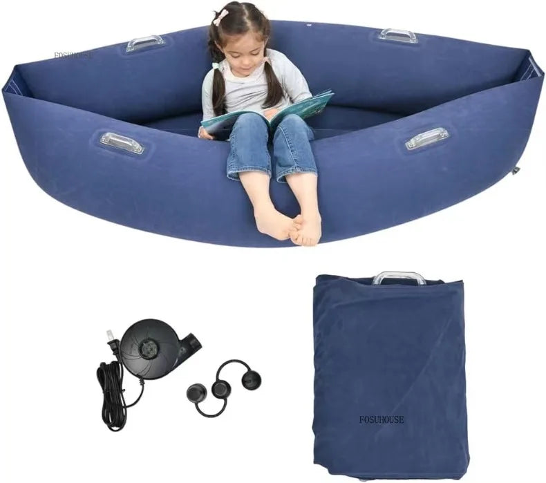 Blue inflatable seat with a child reading, pump, and folded seat on a white background