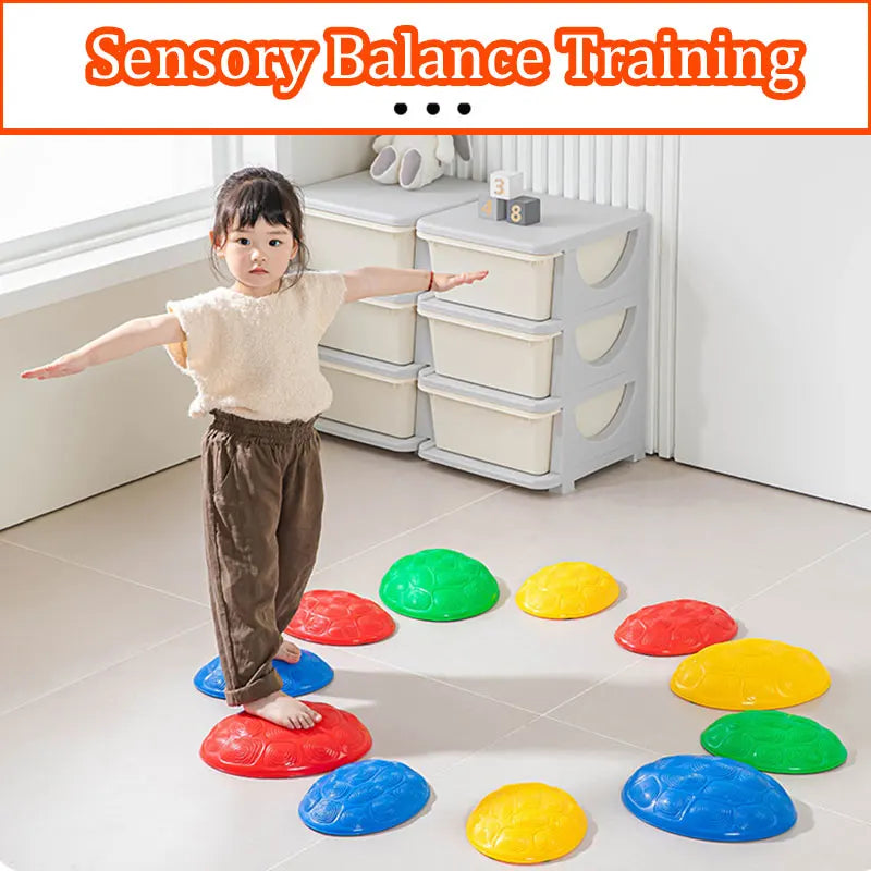 Montessori sensory turtle shell balance stones for kids outdoor play.