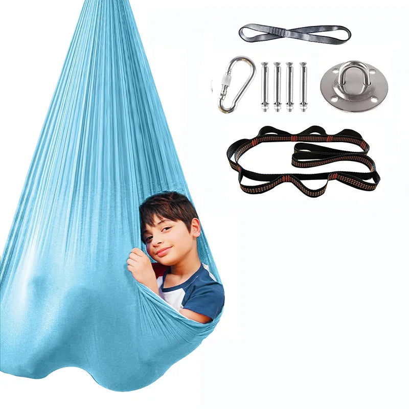 Sensory swing installed at home offering compression therapy for anxious children