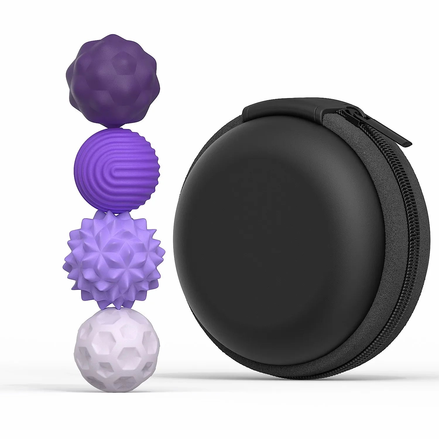 Set of purple and white textured balls with a black carrying case on a white background