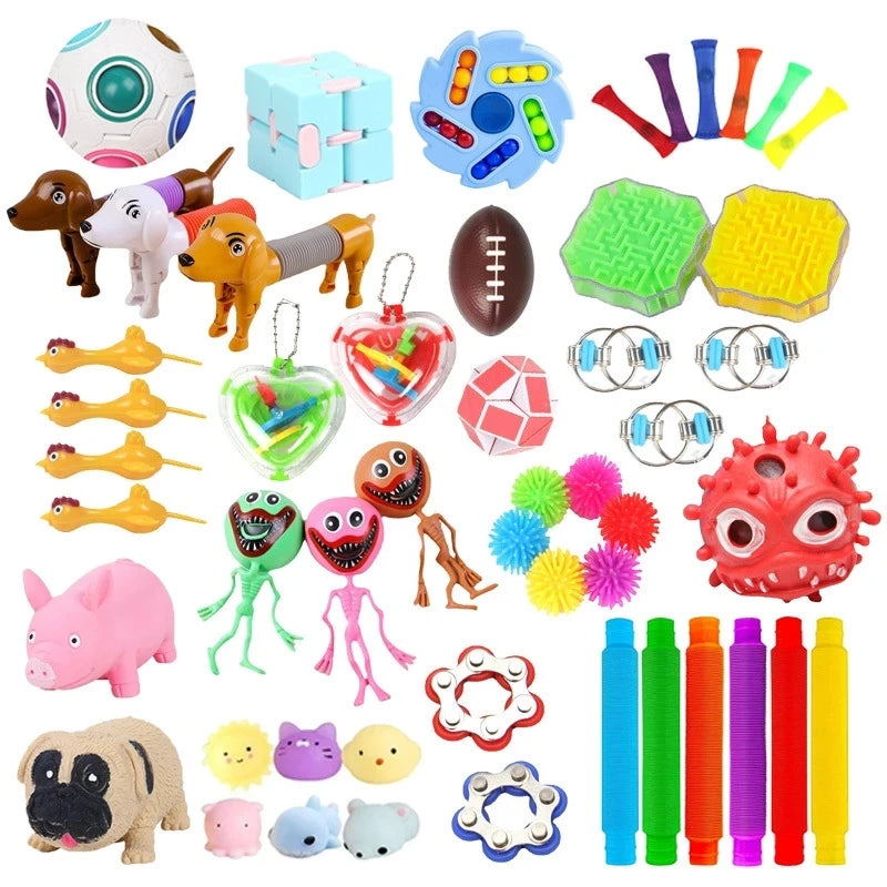 Variety of sensory tools including squishies, poppers, and spinners