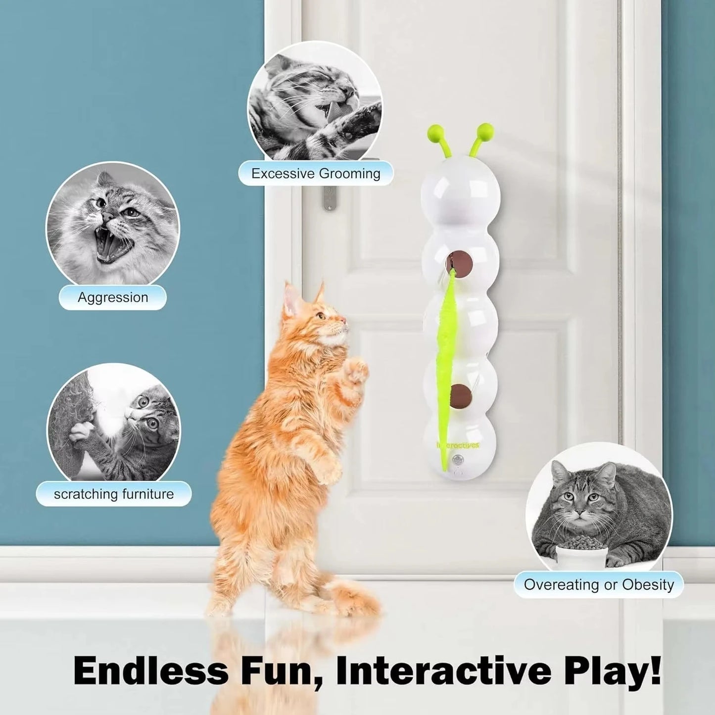 cat swatting at automatic smart bouncing feather toy on floor