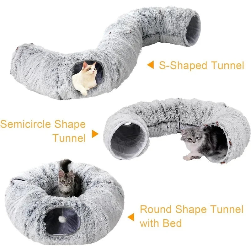 Soft donut cat bed with enclosed tunnel design for anxious cats