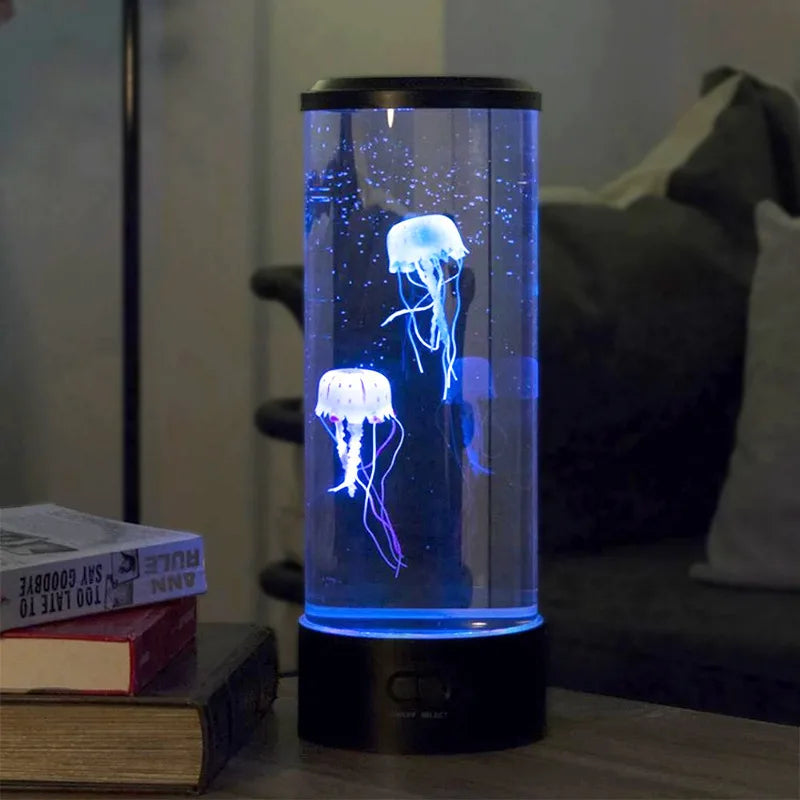 Jellyfish lamp on a table with books in the background