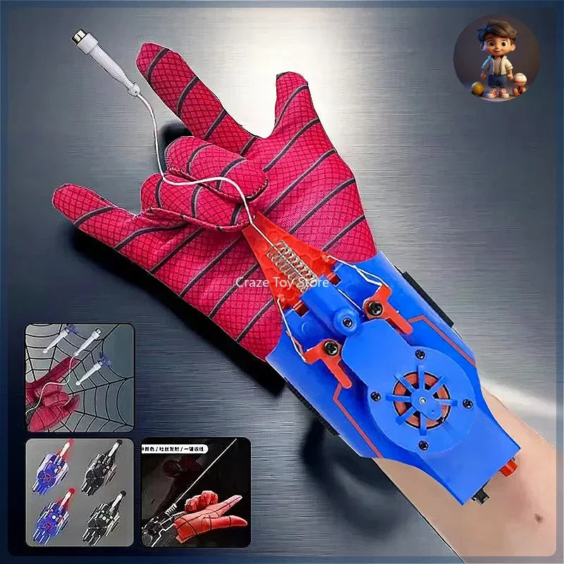Child wearing Spiderman spinneret gloves launching toy web string in action pose