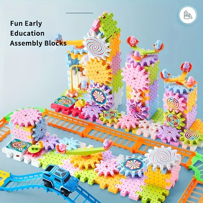 Spinning gear toy with rail car for creative and educational construction play.