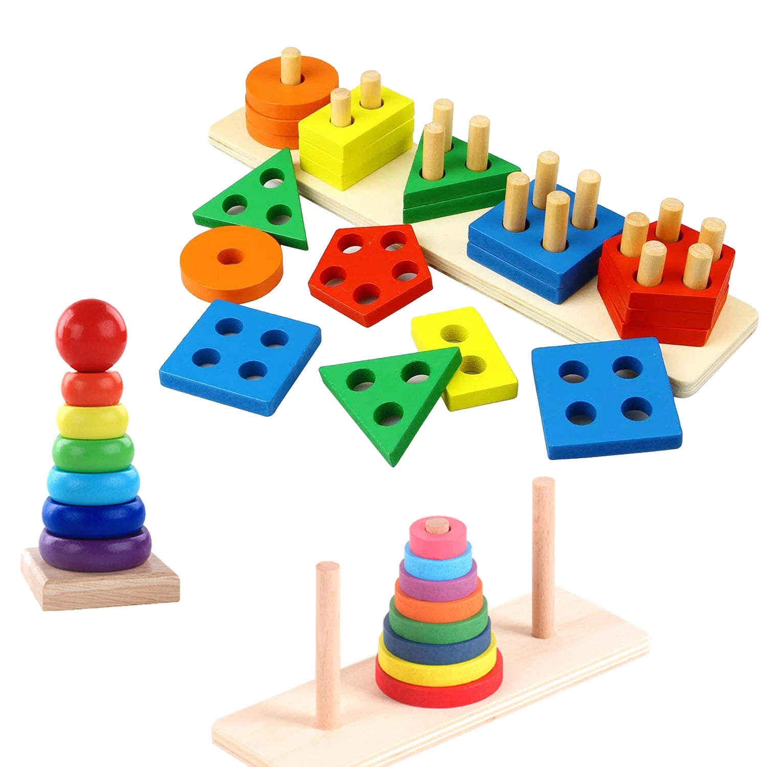 Colourful wooden stacking rings and shapes on a Montessori tray