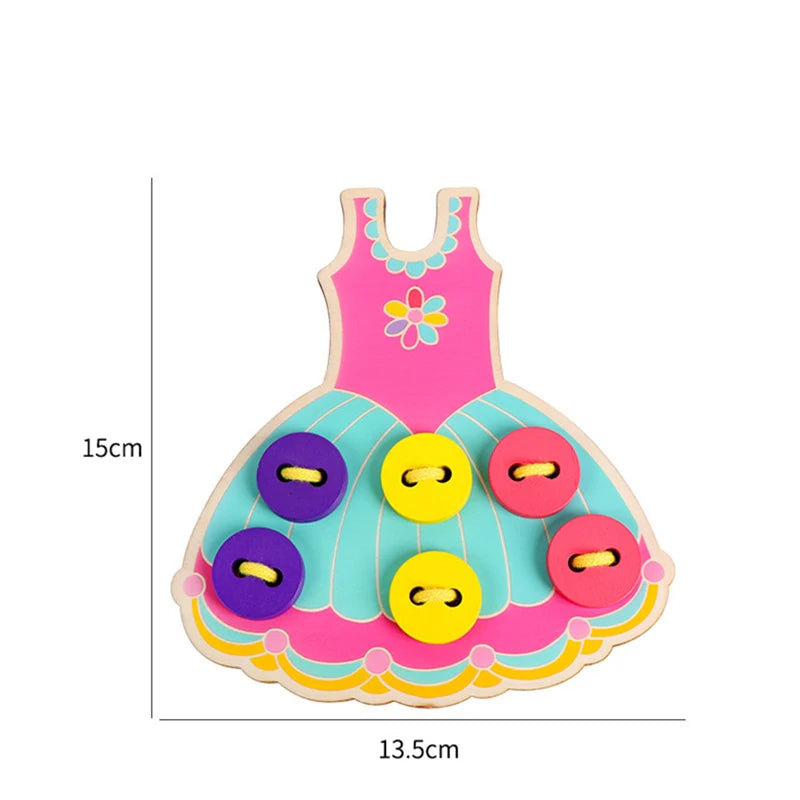 Colorful dress-shaped toy with buttons on a white background