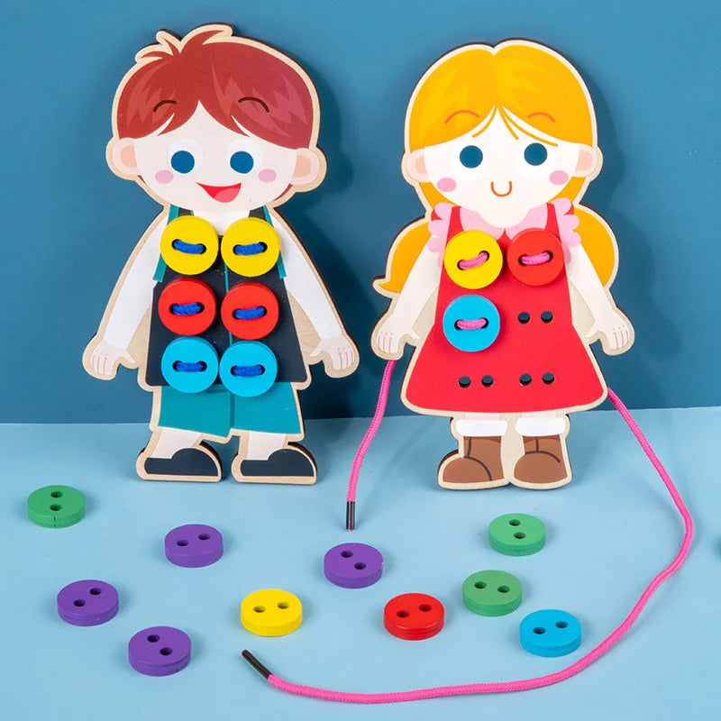 Educational life skills toy with sewing and threading activities