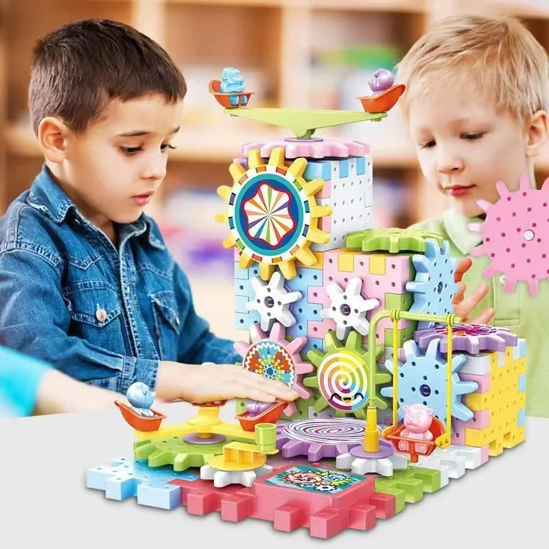 STEM gear construction set for kids with electric motor and building blocks.