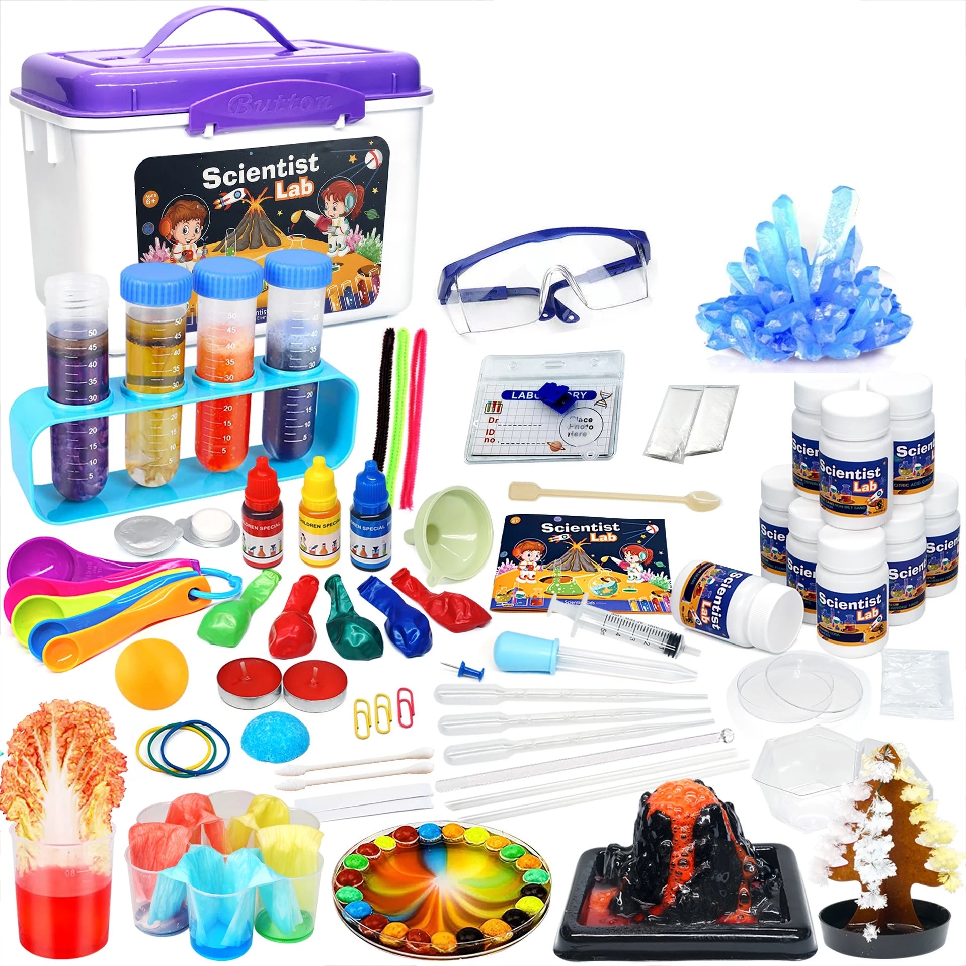 Kids chemical experiment set with colourful tools and accessories