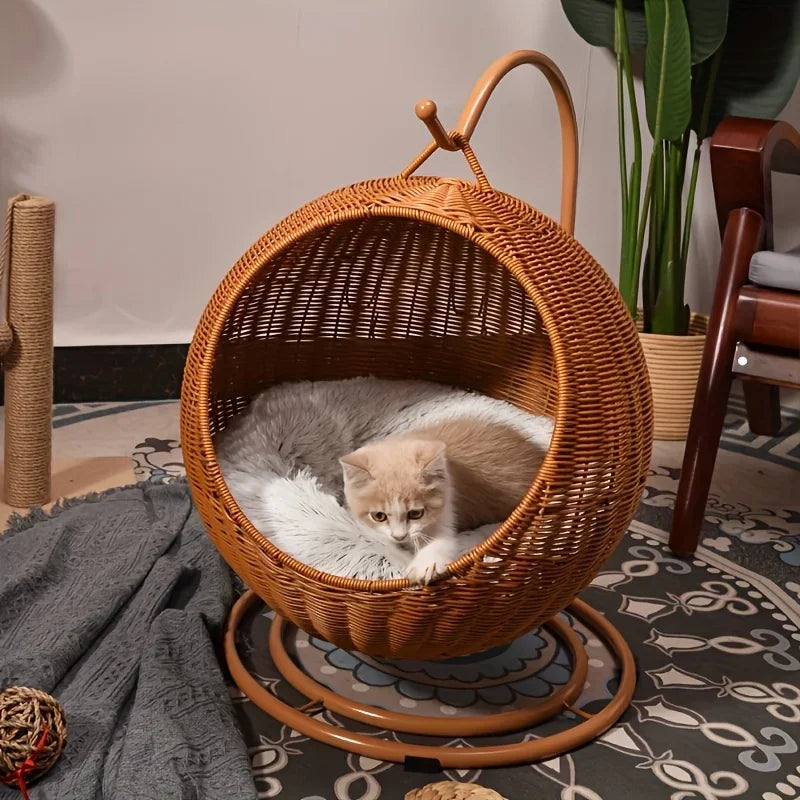 Stylish fruit basket hammock for luxury cat lounging and home decor.