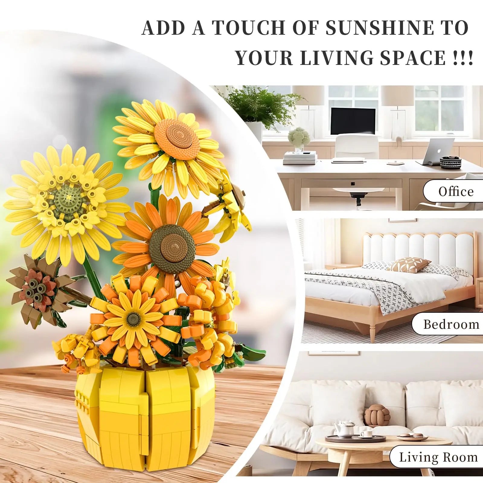 Sunflower building blocks bouquet fully assembled with vase. perfect for home and office setting