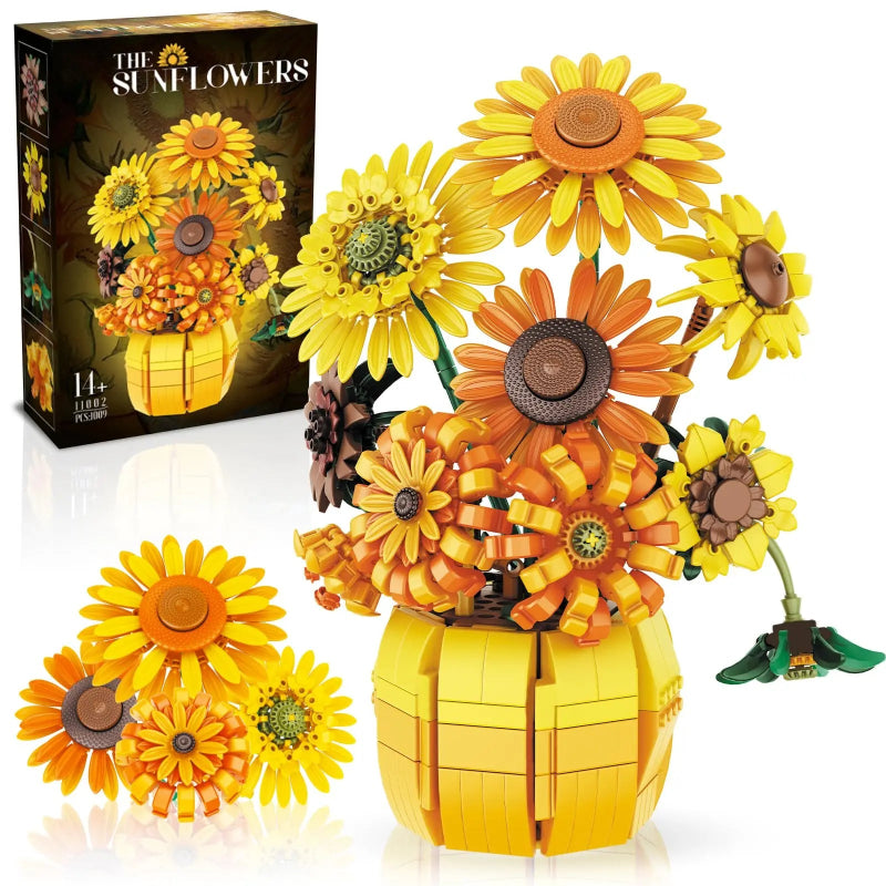 Completed sunflower bouquet model built from colourful plastic blocks in a vase.