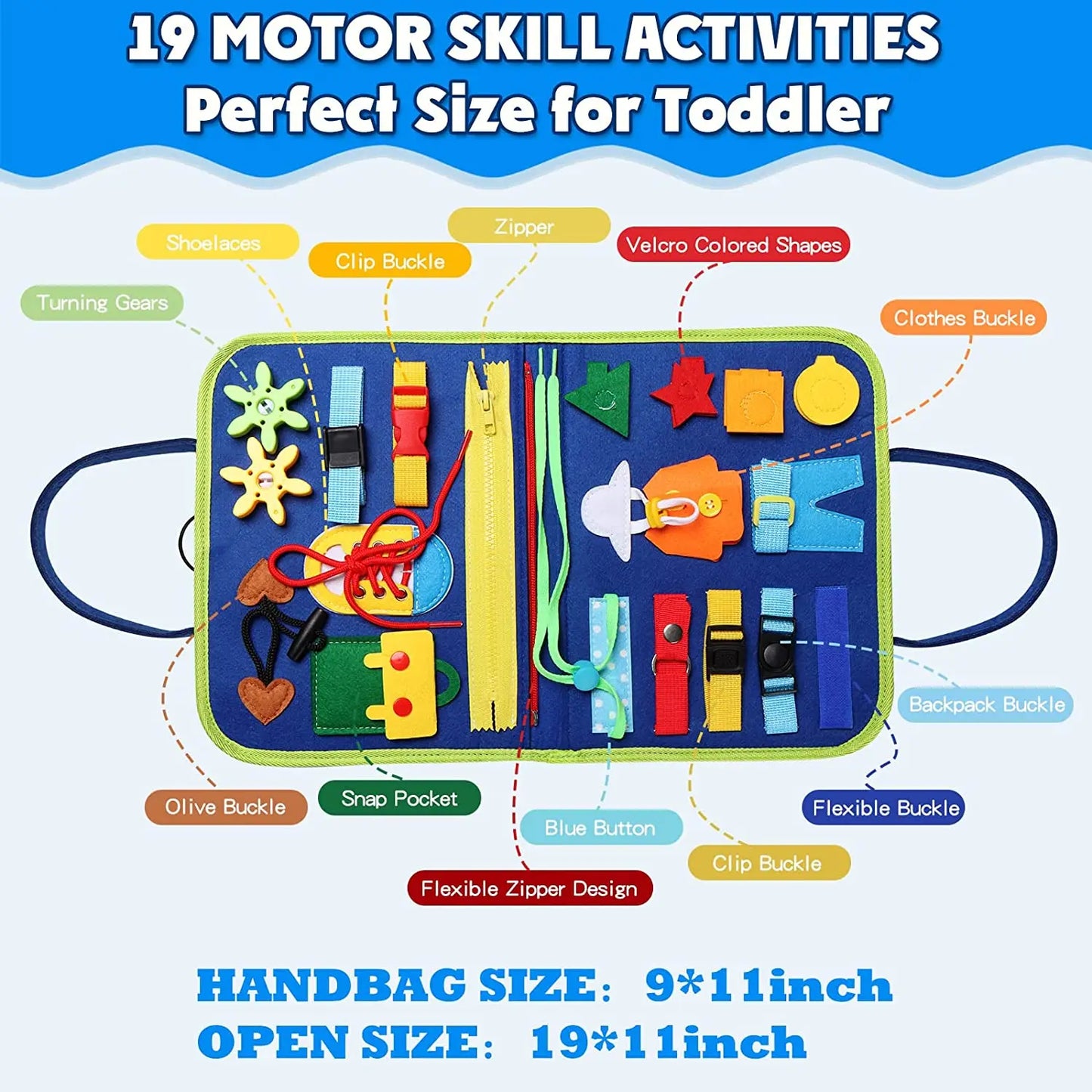 Colourful Montessori busy board with various tactile and sensory features for toddlers.