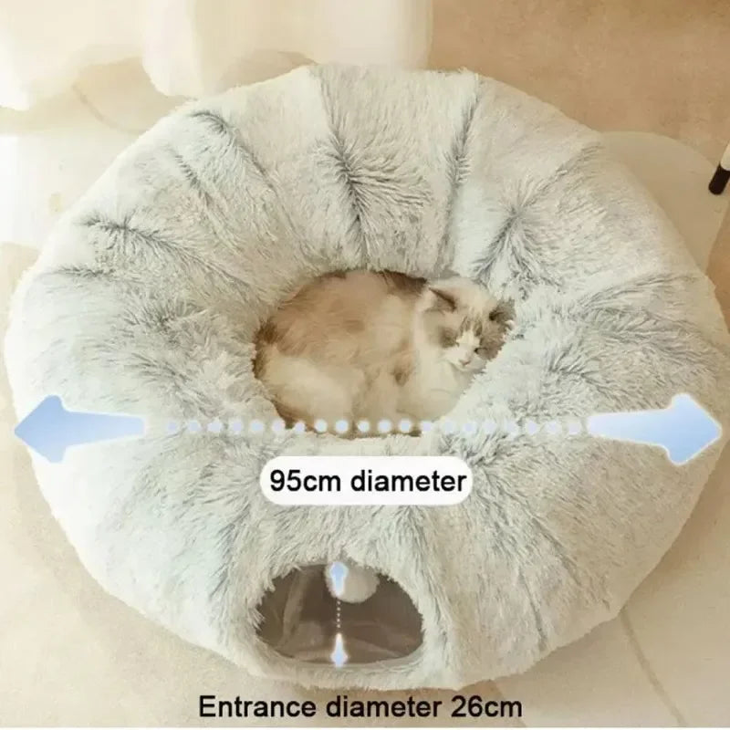 Ultra-soft plush donut cat tunnel bed, machine-washable and durable