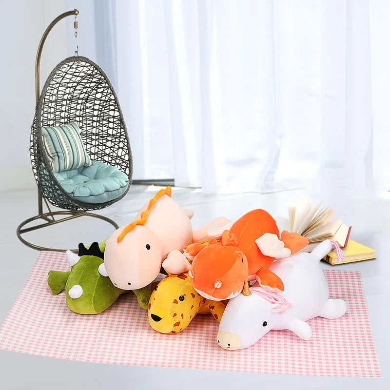 Colorful plush toys on a checkered tablecloth with a hanging chair in the background