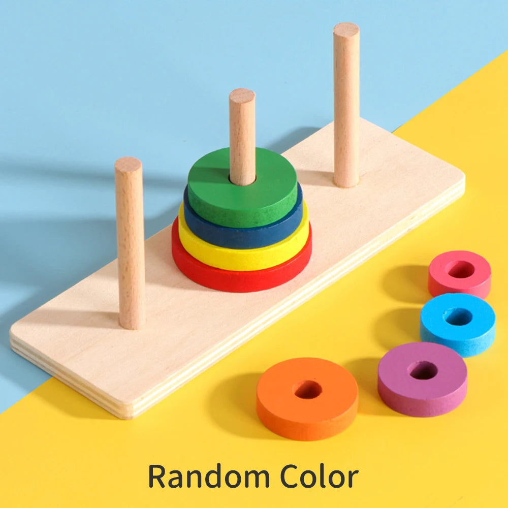Close-up of vibrant wooden rings and sorting shapes