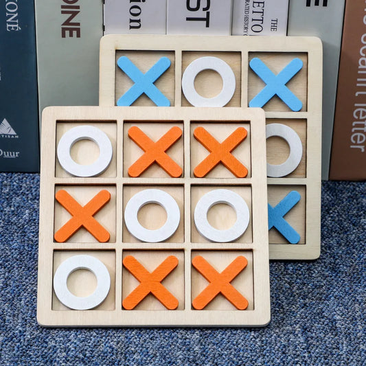 Close-up of handcrafted wooden Tic Tac Toe game showing smooth X and O pieces on rustic board
