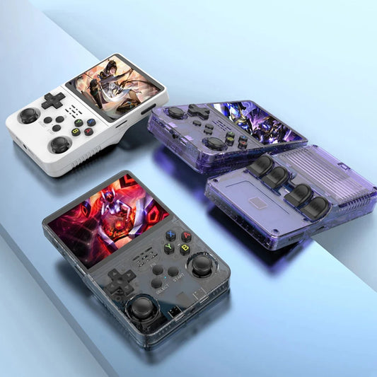 Retro handheld game system with IPS screen and dual joystick controls for smooth play

