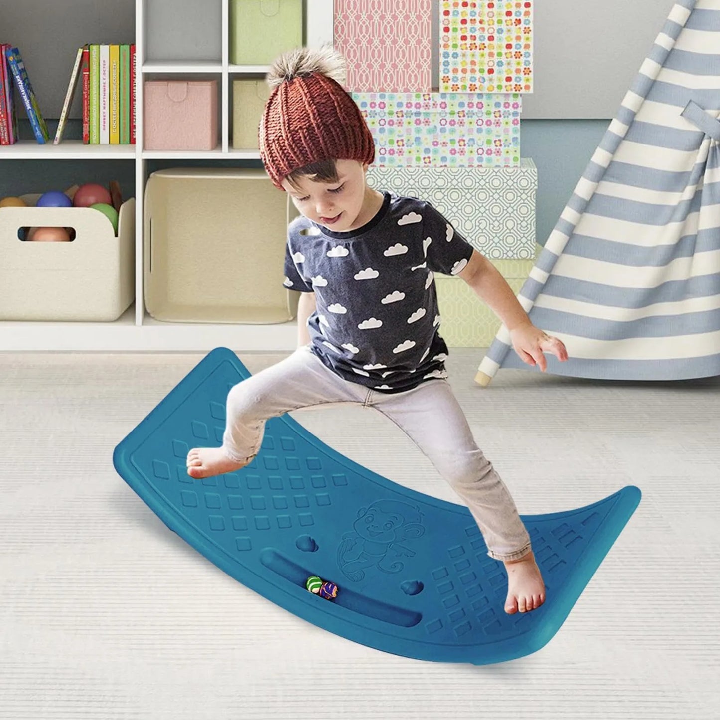 Child-safe wobble board promoting active sensory play