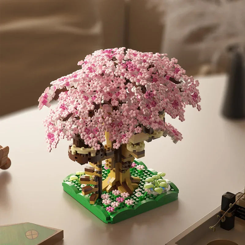 Detailed view of cherry blossom petals on pink micro block treehouse toy