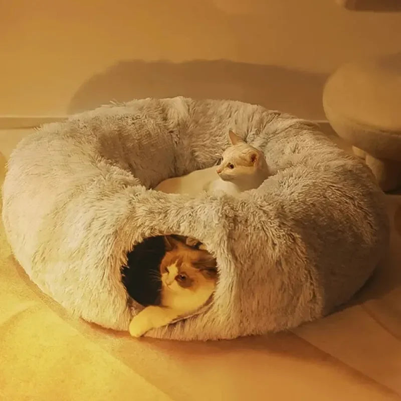 Fluffy donut-shaped cat cave bed with tunnel for indoor cats