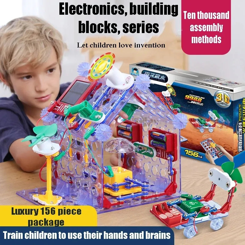 Child assembling colorful electronic circuit building blocks toy