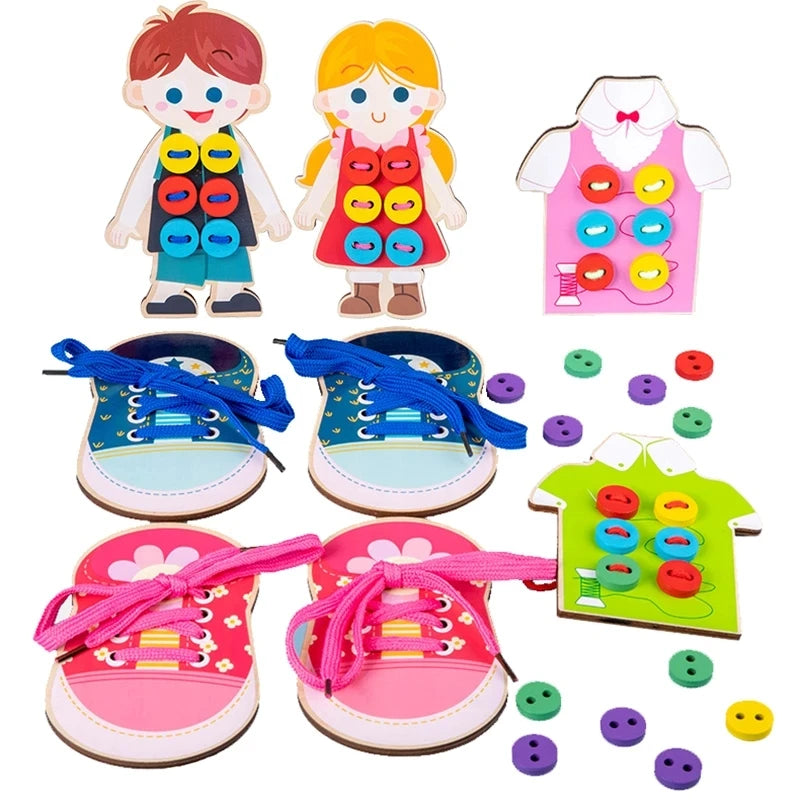 Close-up of Montessori dressing board with zippers, buttons, and laces