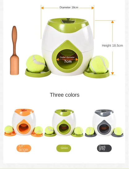 Pet toy with tennis balls and dimensions displayed, available in three colors.