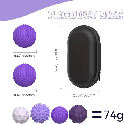 Product size chart with purple textured balls and a black case on a white background