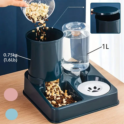 Tilted 2-in-1 cat feeder and water dispenser set with food and water.