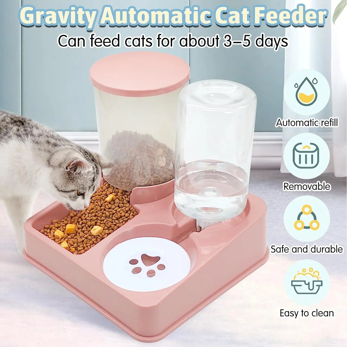 Cat feeding from Close-up of gravity food system and water bowl setup.


