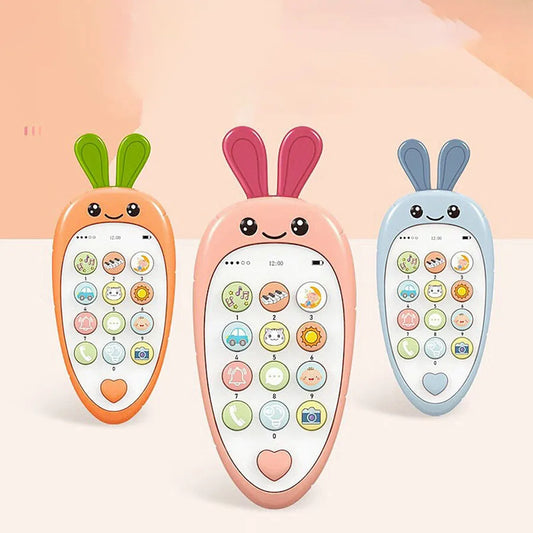 infant phone toy with attached silicone teether shown in baby’s hand