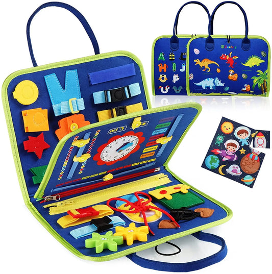 Montessori busy board for neurodivergent toddler sensory play