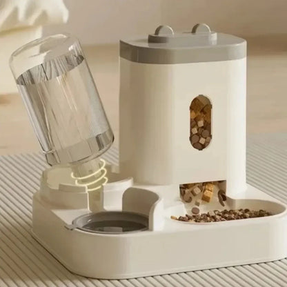 Dual bowl pet feeder with dry food and water storage compartments