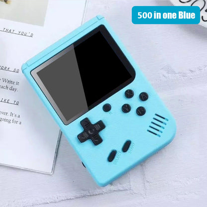 USB rechargeable retro handheld game console with compact design for travel.