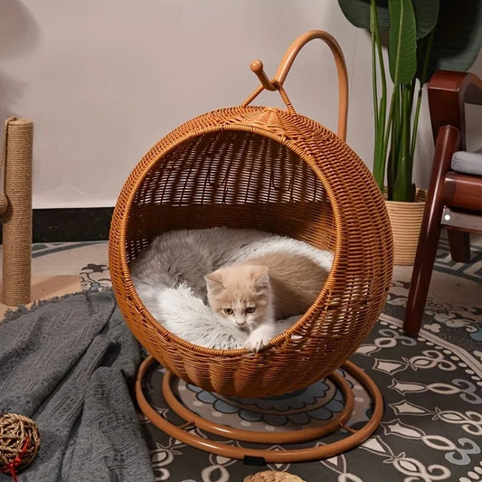 Luxury hand-woven cat hammock basket for stylish pet lounging.

